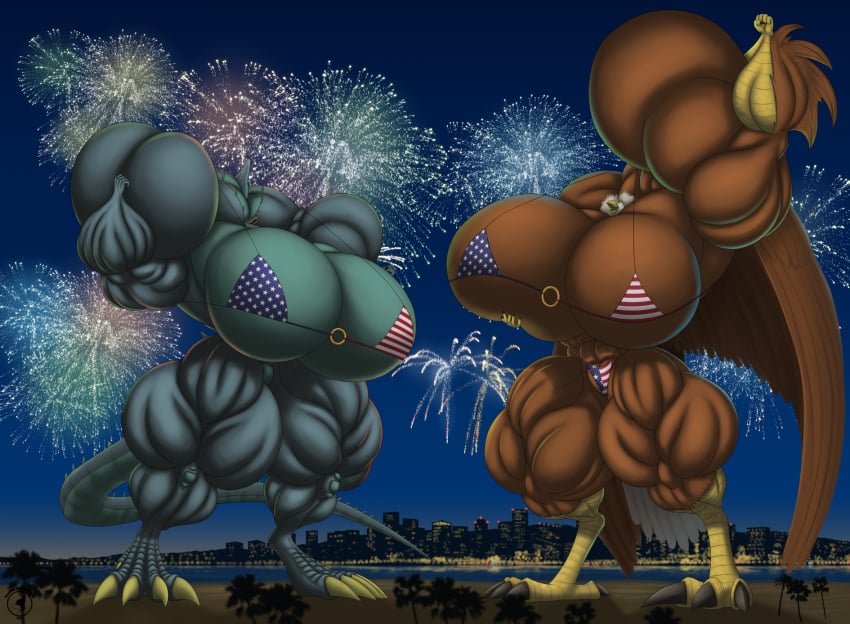 2girls 4th_of_july abs american_flag_bikini biceps big_breasts big_muscles bikini bird breasts eagle female godzilla huge_breasts huge_muscles joakimthefzl kaiju large_breasts large_muscles muscles muscular muscular_arms muscular_female muscular_legs muscular_thighs pecs reptile tail