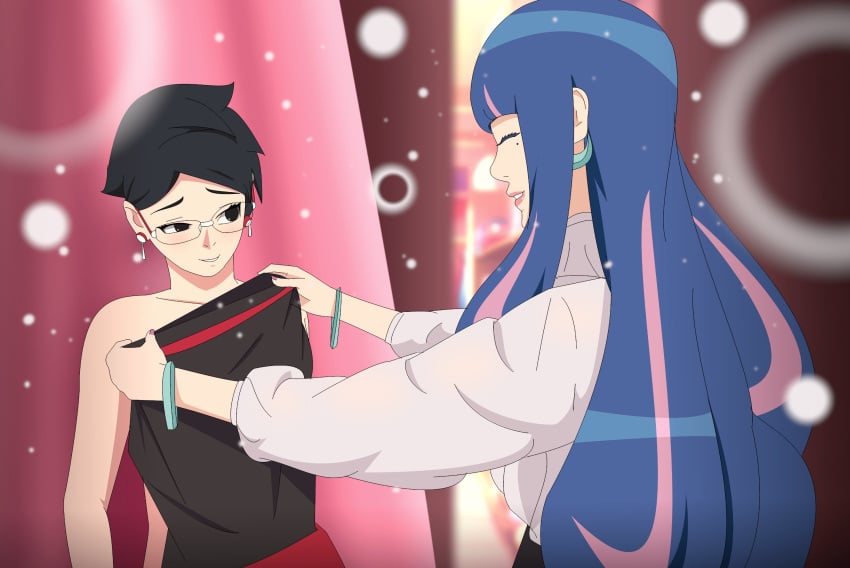 2girls accurate_art_style ada_(boruto) bare_chest bare_shoulders black_hair blouse blue_and_pink_hair blunt_bangs boruto:_naruto_next_generations boruto:_two_blue_vortex bracelet clothes completely_nude completely_nude_female convenient_censoring covering covering_another curtains dress dress_removed dressing_room earrings female female_focus fitting_room glasses height_difference hi_res hime_cut holding_clothing holding_object hoop_earrings implied_yuri lipstick looking_at_another looking_at_partner makeup mole mole_under_eye multicolored_hair multiple_girls nail_polish naruto naruto_(series) nude nude_female optimystic raised_eyebrow sarada_uchiha shop shopping short_hair size_difference sweater swept_bangs two_tone_hair uchiha_symbol upper_body very_long_hair