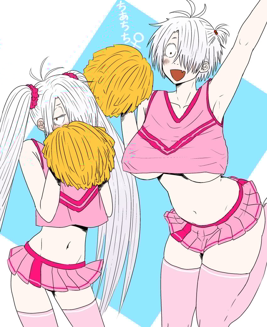 2girls age_difference big_breasts blush cheerleader cheerleader_uniform crop_top cute_fang dual_persona embarrassed female female_only gegege_no_kitarou genderswap_(mtf) hair_over_one_eye kitarou_tanjou_gegege_no_nazo long_hair looking_at_viewer medama_oyaji_(human) miniskirt no_bra pale-skinned_female pale_skin pleated_skirt pom_poms rule_63 short_hair shy smile thick_thighs thighhighs twintails underboob white_hair zettai_ryouiki