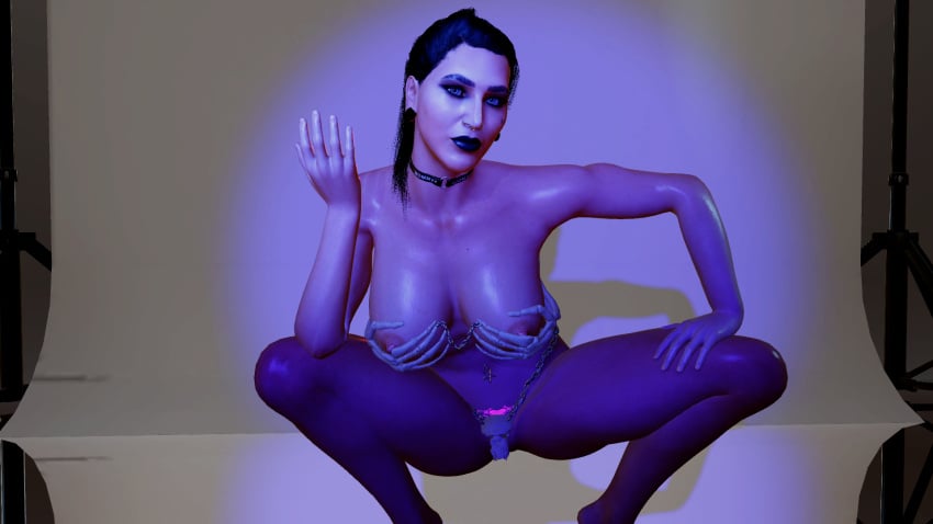 1girls 3d 3d_(artwork) areolae australian belly_button_piercing big_breasts bikini black_eyebrows black_hair black_lipstick breasts chains choker choker_writing ear_piercing exposed_nipples fake_tattoo female female_focus female_only fit_female full_lips glowing_tattoo looking_at_viewer no_shoes nose_ring pentagram perky_nipples photo_shoot purple_lighting rhea_ripley simple_background simple_shading skeletal_hand skull squatting virt-a-mate virtamate womb_tattoo wwe wwe_2k wwe_diva yotsuyu_simp
