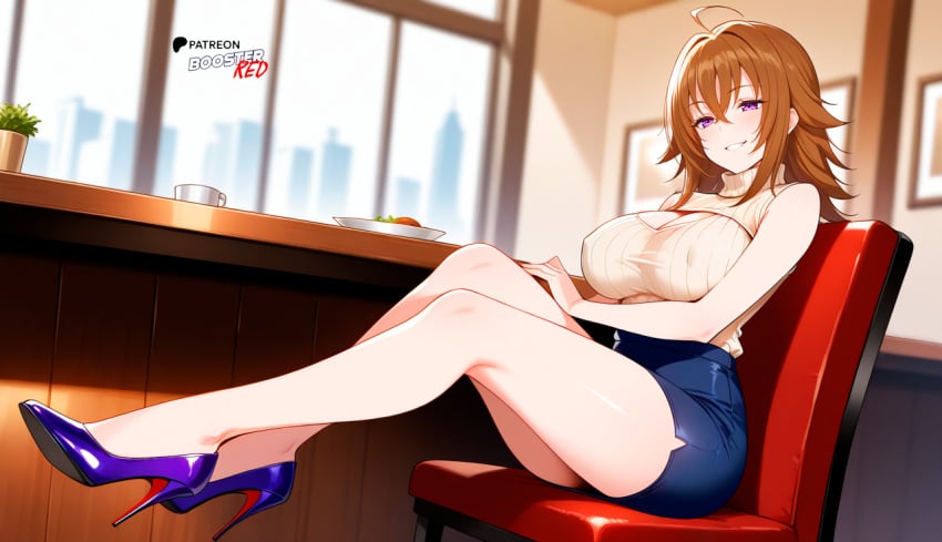ahoge ai_generated bare_shoulders beige_open-chest_sweater beige_ribbed_sweater beige_sweater boosterred99 brown_hair cleavage cleavage_cutout clothing_cutout covered_nipples dark_blue_skirt from_below full_body hair_between_eyes heels high_heels high_school_dxd illustrious_(stable_diffusion) large_breasts legs medium_hair meme_attire naughty_face outdoors pencil_skirt pony_diffusion_xl purple_eyes reach restaurant sitting sleeveless street thighs turtleneck venelana_gremory