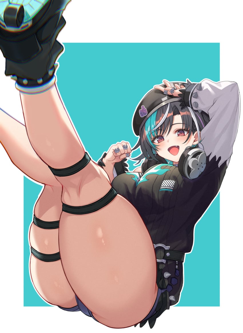 :d ass_view bare_thighs clenched_hand fang gigantic_ass hand_on_forehead hololive huge_ass huge_thighs rindo_chihaya ringlets thick_thighs thigh_strap thigh_straps thunder_thighs trefoil v virtual_youtuber wide_hips