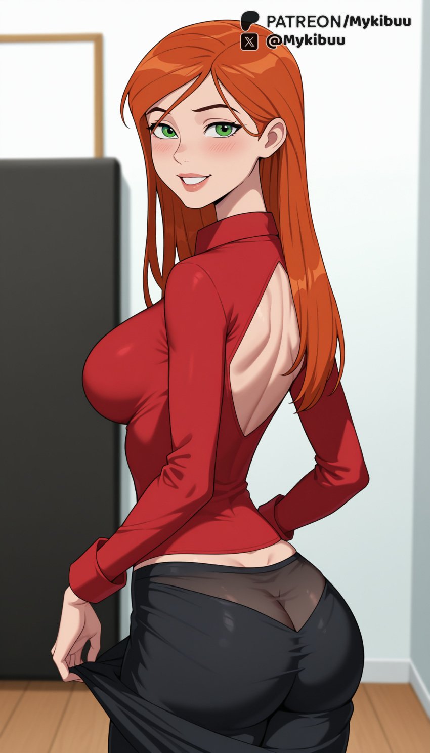 ai_generated artist_name ass back back_cutout backless_outfit ben_10 black_skirt blurry blurry_background blush breasts butt_crack clothes_pull clothing_cutout collared_shirt female from_behind green_eyes grin gwen_tennyson gwen_tennyson_(classic) indoors large_breasts lips long_hair long_sleeves looking_at_viewer looking_back median_furrow mykibuu orange_hair panties pants pantyhose parted_lips patreon_username red_shirt shirt skirt skirt_pull smile solo teeth underwear web_address wooden_floor