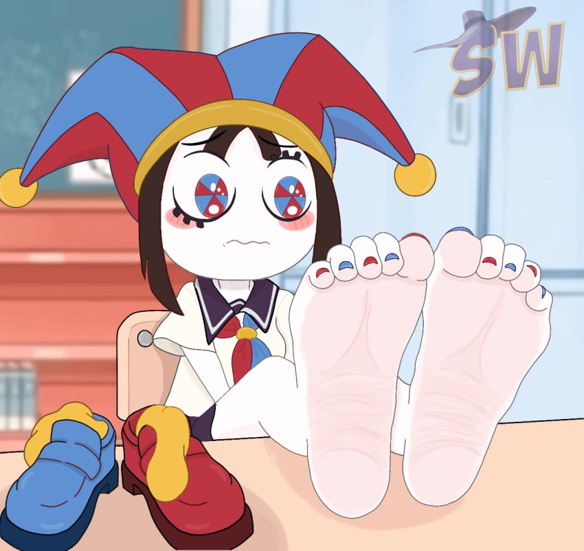 2d absurdres animated animated anime_style barefoot blue_toenail_polish clown_girl discarded_shoes discarded_socks embarrassed_female feet feet_together feet_up foot_fetish foot_focus foot_on_table foot_worship footwear_removed highres jester_girl jester_hat nervous_female pale-skinned_female pomni_(the_amazing_digital_circus) presenting_feet red_toenail_polish school_desk school_uniform schoolgirl schoolgirl_uniform sexy_feet shadowind3000 shoes_off shoes_removed showing_feet shy_expression socks_removed soles soles_fetish the_amazing_digital_circus toe_scrunch toes