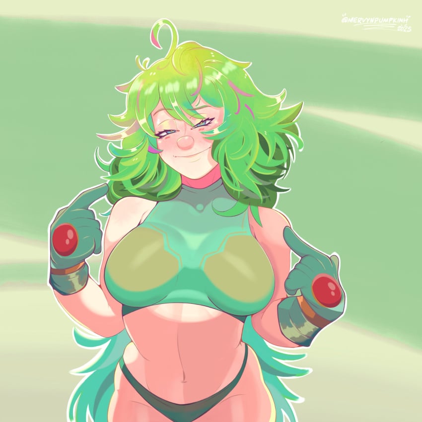 1girls boku_no_hero_academia breasts female female_focus female_only green_eyes green_hair hi_res large_breasts light-skinned_female light_skin looking_at_viewer mervynpumpkinh midriff my_hero_academia my_hero_academia_(finale) post-timeskip smile solo thighs time_skip tooru_hagakure tooru_hagakure_(post-timeskip) tooru_hagakure_(visible) wide_hips