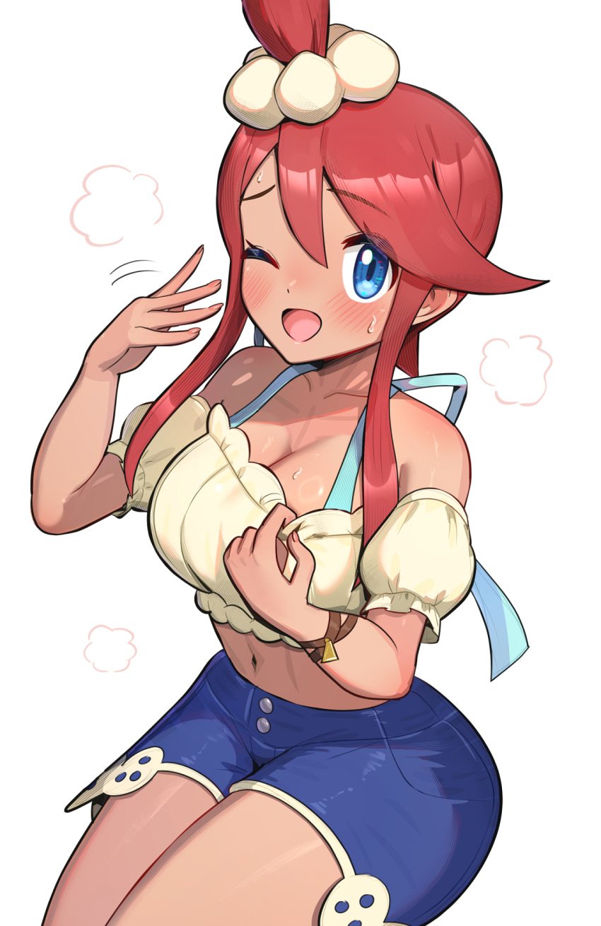 bikini bikini_under_clothes bikini_under_shorts blue_bikini blue_eyes blue_shorts blush breasts cleavage collarbone crop_top denim denim_shorts female gonzarez hair_between_eyes hair_ornament highres large_breasts midriff navel nintendo off-shoulder_shirt off_shoulder official_alternate_costume one_eye_closed one_side_up open_mouth pokemon pokemon_bw pokemon_masters pokemon_masters_ex red_hair shirt shorts sidelocks simple_background skyla_(pokemon) skyla_(summer_2025)_(pokemon_masters) smile solo sweat sweatdrop swimsuit white_background