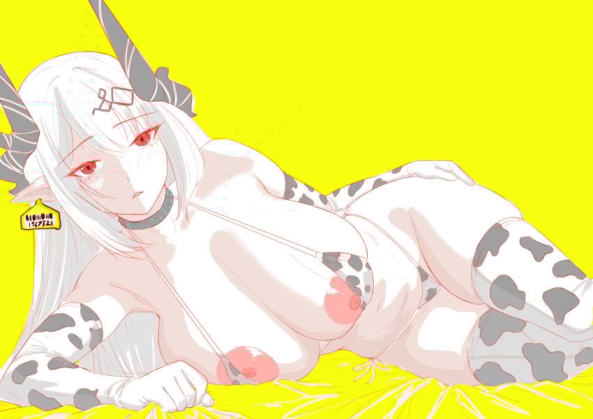 areolae arknights bikini breasts breasts_out cow_print cow_print_bikini ear_tag female horns mudrock_(arknights) nipples