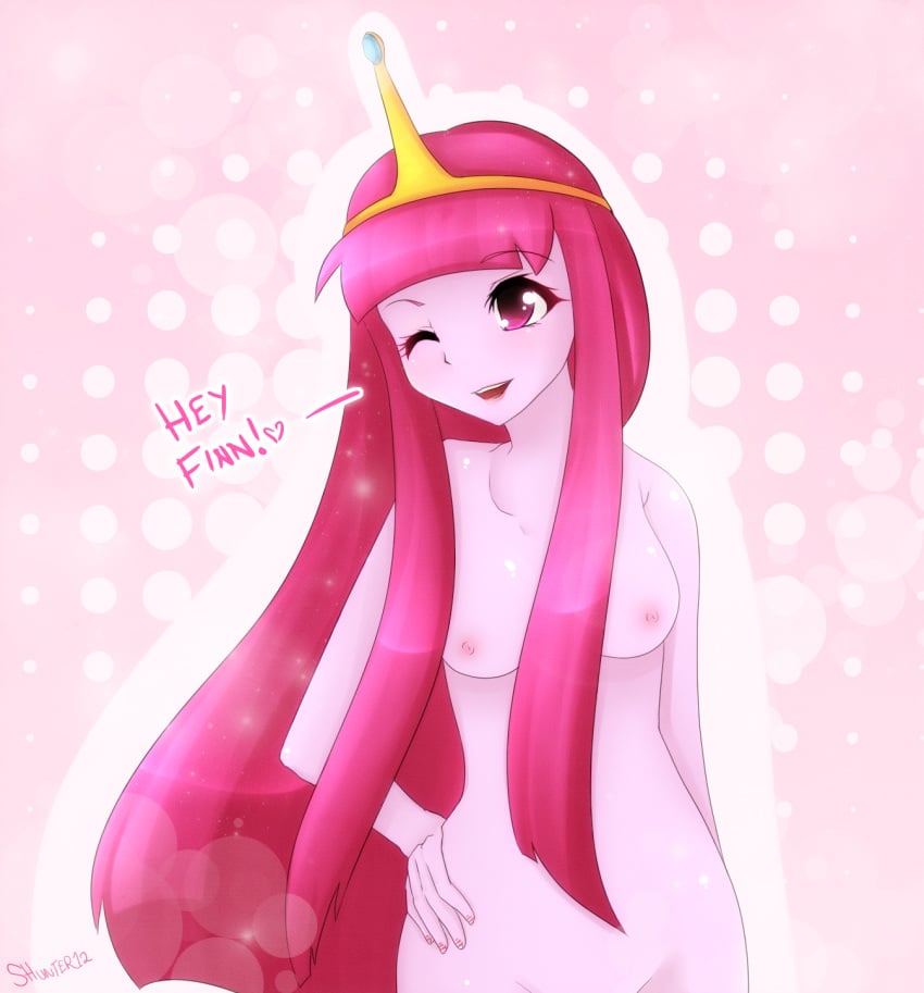 2012 adventure_time breasts color english_text female female_only finn_the_human front_view hair hand_on_hip long_hair nipples nude pink_eyes pink_hair pink_skin princess_bubblegum solo text tiara wink xshellah