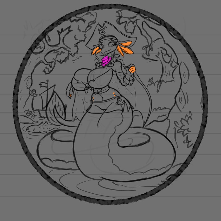 arsfromnowhere_(artist) big_breasts eel eel_girl furry huge_bgreasts lamia long_tail monster_girl pirate pirate_girl pirate_hat sketch snail tail wide_hips