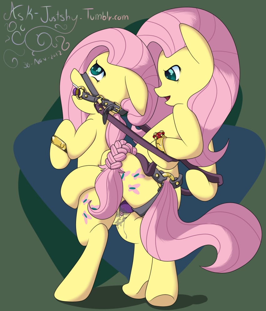 2012 bit bondage bound duo equine female flailingandflailing fluttershy_(mlp) friendship_is_magic gag green_eyes hair horse insertion mane my_little_pony penetration pink_hair pony pussy pussy_juice selfcest sex_toy straight_hair vaginal_insertion vaginal_penetration yellow_fur yuri