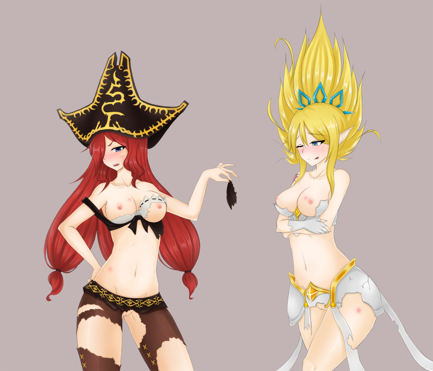 armor bare_shoulders blonde_hair blue_eyes blush breasts breasts_out broken_armor bruise crotchless erect_nipples forscience hair_over_one_eyes hair_up hat highres injury janna_windforce league_of_legends licking_lips long_hair midriff miss_fortune multiple_girls nipples no_panties pointy_ears pussy red_hair simple_background torn_clothes tri_tails