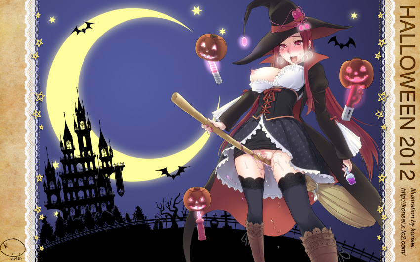 2012 aphrodisiac bat blush breast_slip breasts breath broom copyright_request corset crescent_moon crotch_rub dildo female frills halloween hat highres jack-o'-lantern korisei lace large_breasts long_hair masturbation moon nipples no_panties nose_blush one_breast_out open_mouth pink_eyes potion pumpkin pussy_juice red_hair saliva solo thighhighs vibrator wallpaper witch witch_hat