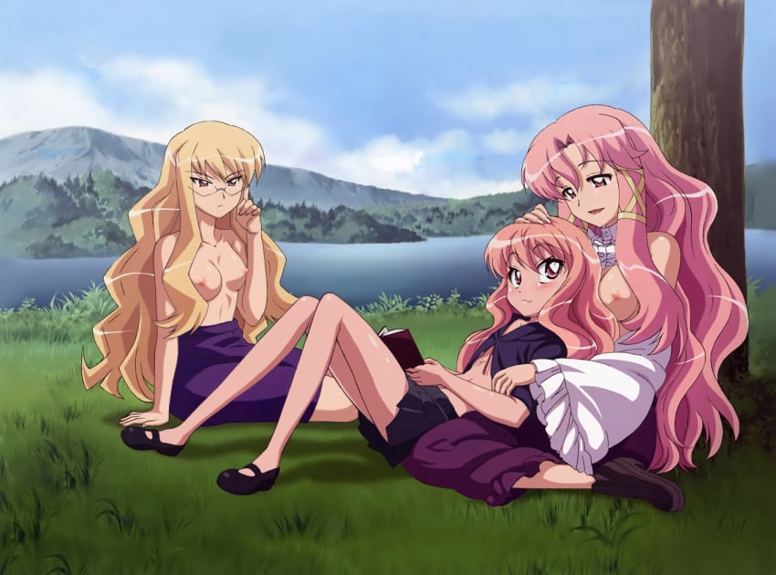 3girls 5:7 blonde_hair cattleya_yvette_la_baume_le_blanc_de_la_fontaine clothing eleanor_albertine_le_blanc_de_la_blois_de_la_valliere flat_chest glasses grass grass_field green_grass lake lakeside long_hair looking_at_another looking_down looking_down_at_another louise_francoise_le_blanc_de_la_valliere medium_breasts mountain multiple_girls outdoor_nudity outside pink_hair public_topless purple_skirt sisters skirt skirt_only small_breasts the_familiar_of_zero topless u2man69 white_skirt zero_no_tsukaima