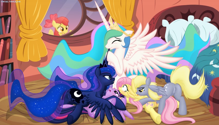 alicorn apple_bloom_(mlp) bed cutie_mark derpy_hooves equine female fluttershy_(mlp) friendship_is_magic group group_sex hi_res high_resolution hoofjob_(forelimbs) horn hornjob horse junglepony my_little_pony orgy pegasus pony princess_celestia_(mlp) princess_luna_(mlp) sex twilight_sparkle_(mlp) wings yuri