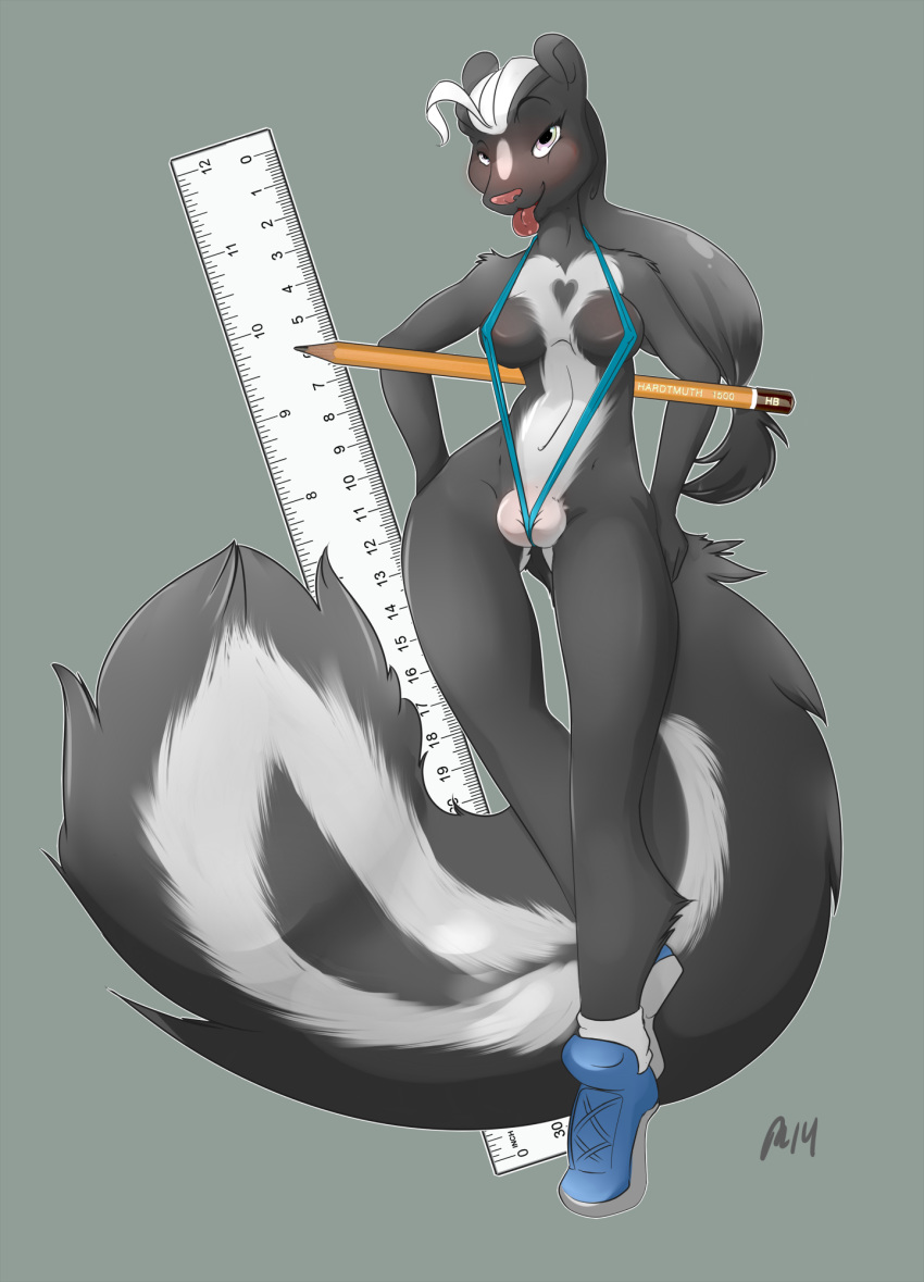 anthro black_fur black_hair clothed clothing fat_mons female fur grey_background hair mammal micro plain_background severus shoes skimpy skunk socks solo tongue tongue_out white_eyes white_fur