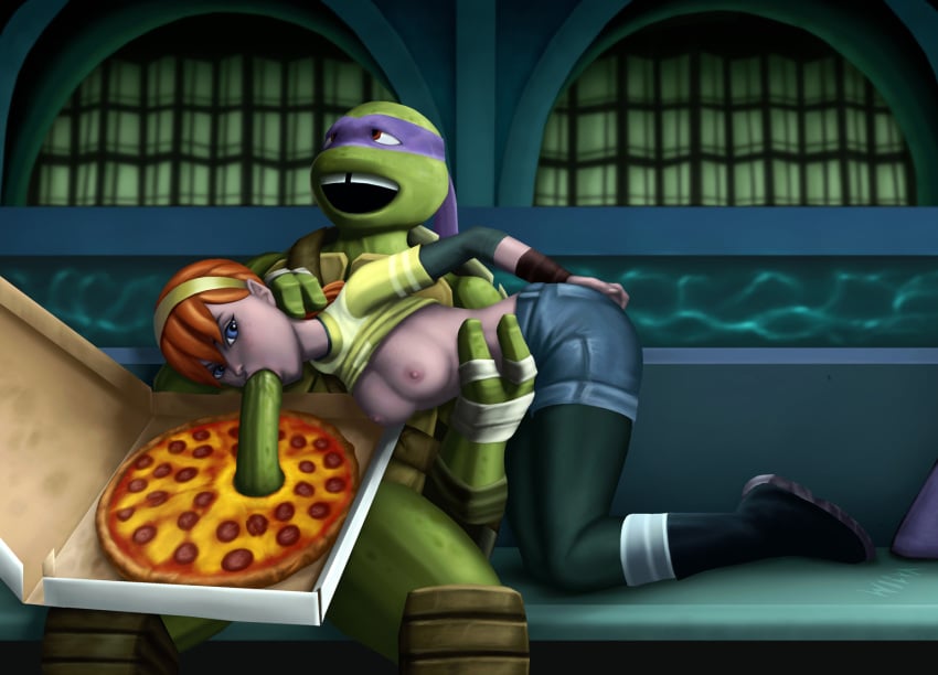 3d april_o'neil april_o'neil_(tmnt_2012) areola breasts cheese donatello erect_nipples fellatio hair human interspecies nipples oral penis pepperoni pepperoni_pizza pizza pizza_box red_hair scalie teenage_mutant_ninja_turtles teenager tmnt_2012 wicka