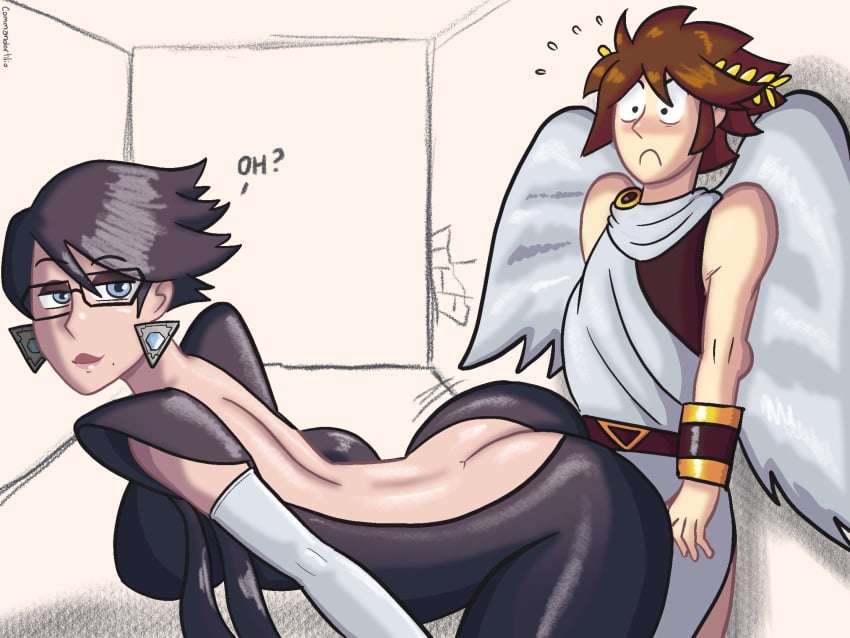 1boy1girl angel angel_wings arm_highs armband bareback bayonetta bayonetta_(character) bayonetta_2 bent_over black_hair brown_hair clothes crossover eyelashes eyewear female glasses grinding kid_icarus kid_icarus_uprising light_skin lipstick makeup male nintendo pit pit_(kid_icarus) robe seduced short_hair small_eyes smirk smirking super_smash_bros. surprised teal_eyes tight_clothing tilio