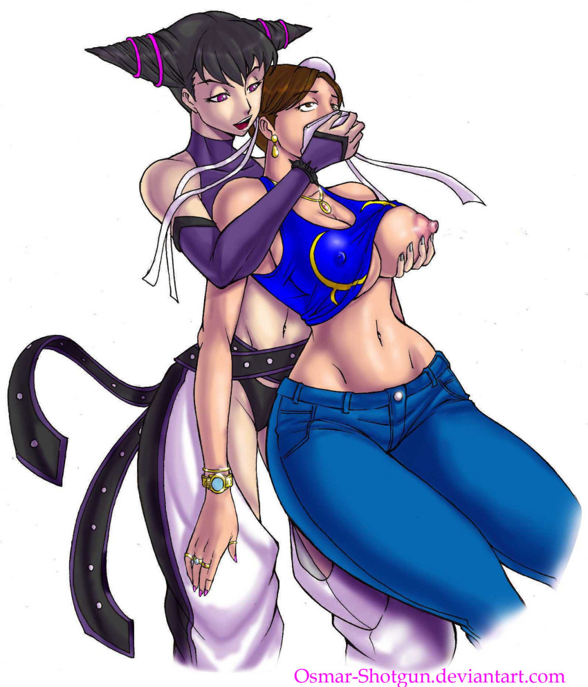 2girls bare_shoulders breast_grab breasts chloroform chun-li cloth_over_another's_mouth cloth_over_mouth covering_another's_mouth covering_mouth erect_nipples female female_only grabbing_from_behind hand_over_another's_mouth human imminent_rape juri_han knocked_out large_breasts losing_consciousness multiple_females multiple_girls navel nipples one_breast_out osmar-shotgun rings rolling_eyes street_fighter thumb_ring