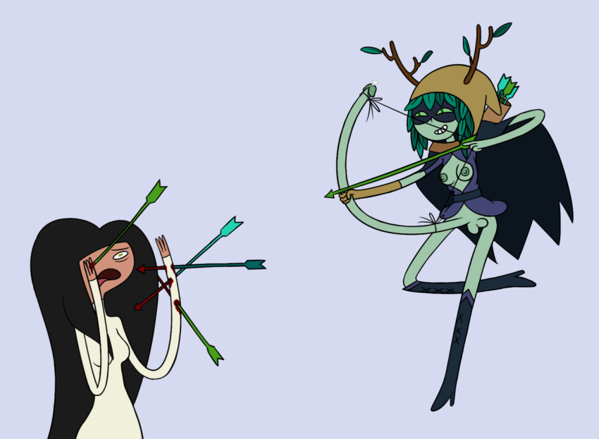 2girls adventure_time arrow arrow_(weapon) black_hair blood boots breasts_out cape dress female female_only full-package_futanari full_circle functionally_nude_futanari green_skin grin guro hood hood_up huge_penis huntress_wizard injury kim_(adventure_time) leaf_hair long_hair multiple_girls penis_bow small_breasts tagme testicles uncensored