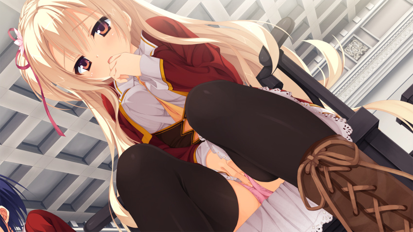 amairo_islenauts blonde_hair blush game_cg kobuichi long_hair masturbation panties seifuku shirley_warwick thighhighs underwear yuzusoft