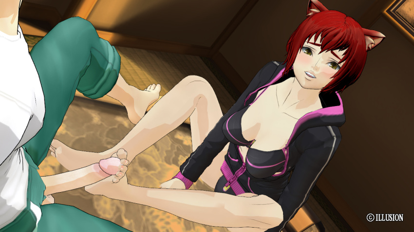 animal_ears barefoot bra cat_ears feet footjob hitomi illusion_soft possessed red_hair toes wakeari! yoshino