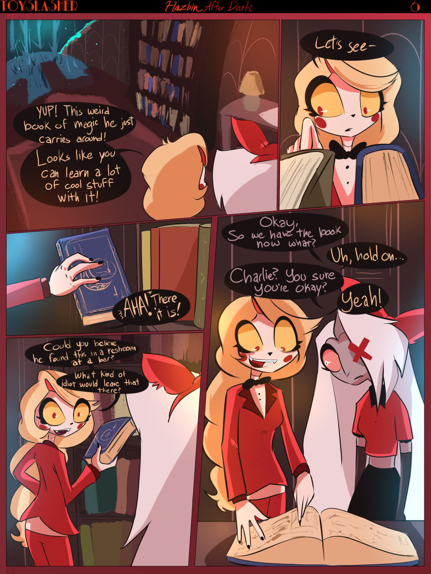 2girls blonde_female blonde_hair book bookshelf canon_couple charlie_morningstar_(hazbin_hotel) clothed_female hazbin_hotel long_hair long_hair_female page_6 page_number toyslasher vaggie_(hazbin_hotel) white_hair white_hair_female yuri