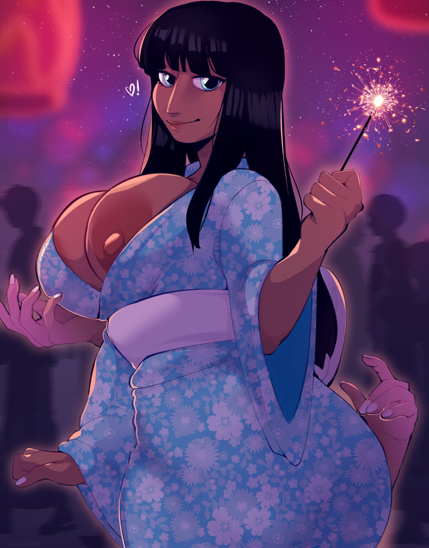 1girls akuma_no_mi areolae big_breasts black_hair blue_eyes breast_slip chikkibug female female_only hana_hana_no_mi hi_res kimono large_areolae long_hair looking_at_viewer nico_robin nipples one_piece pre-timeskip smiling smiling_at_viewer solo