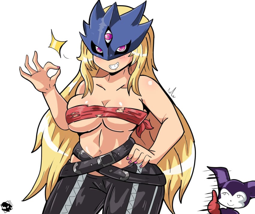 1girls 2023 3_eyes bare_shoulders beelstarmon belt blonde_hair blush breasts character_in_background chest_wraps digimon digimon_(species) female hand_on_hip hi_res imminent_wardrobe_malfunction impmon long_hair looking_at_viewer mask multi_eye nahzo ok_sign pants purple_eyes smiling smiling_at_viewer teeth_showing thumb_up white_background