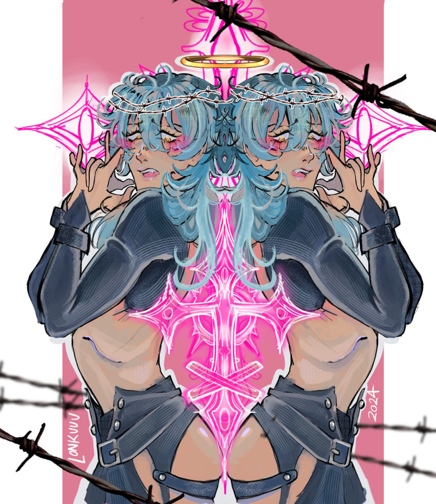 angel aoba_seragaki ass barbed_wire blue_hair blush boys_love dramatical_murder gold_eyes male_blushing religious_symbols side_butt slut slutty_outfit twins uke yaoi