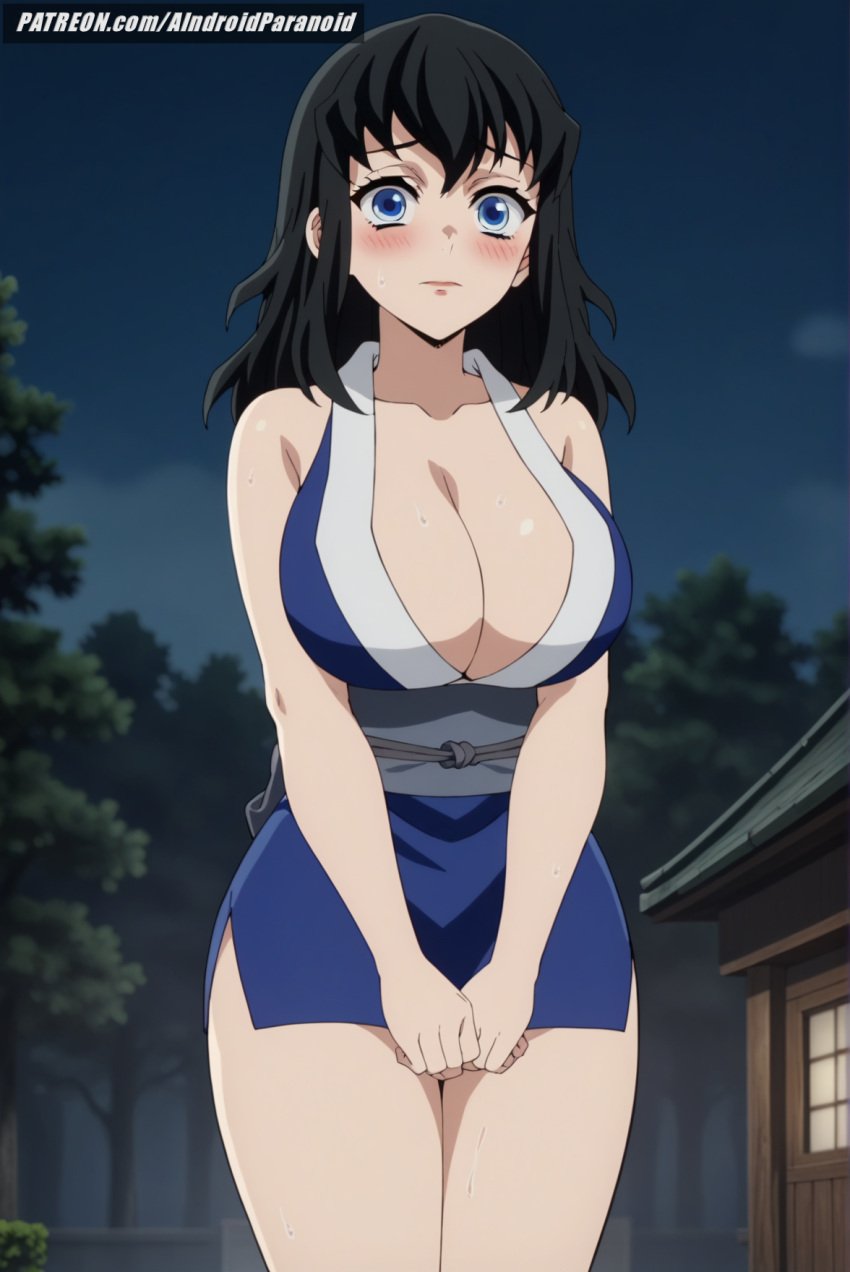 ai_generated aindroidparanoid bare_shoulders big_breasts black_hair blue_eyes blue_hair blush breasts cleavage curvy curvy_figure cute demon_slayer gigantic_breasts hips huge_breasts inminent_sex japanese_clothes japanese_clothing kimetsu_no_yaiba large_breasts massive_breasts narrow_waist nervous night outdoors short_hair squeezing_breast stable_diffusion suma_(kimetsu_no_yaiba) sweat sweatdrop voluptuous voluptuous_female wavy_hair wide_hips