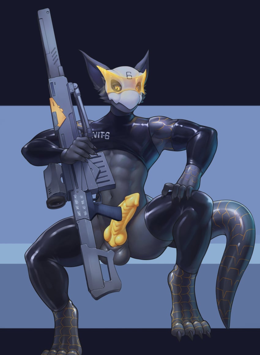 2023 abs absurd_res aidennguyen17 anthro balls barazoku biceps big_balls big_gun big_penis black_body clothing genitals glans gun hi_res holding_gun holding_object holding_ranged_weapon holding_weapon knot knotted_penis latex latex_clothing looking_at_viewer male mask mostly_nude_anthro mostly_nude_male muscular muscular_anthro muscular_male pecs penis ranged_weapon reptilian_penis skull_mask solo visor weapon yellow_eyes yellow_penis