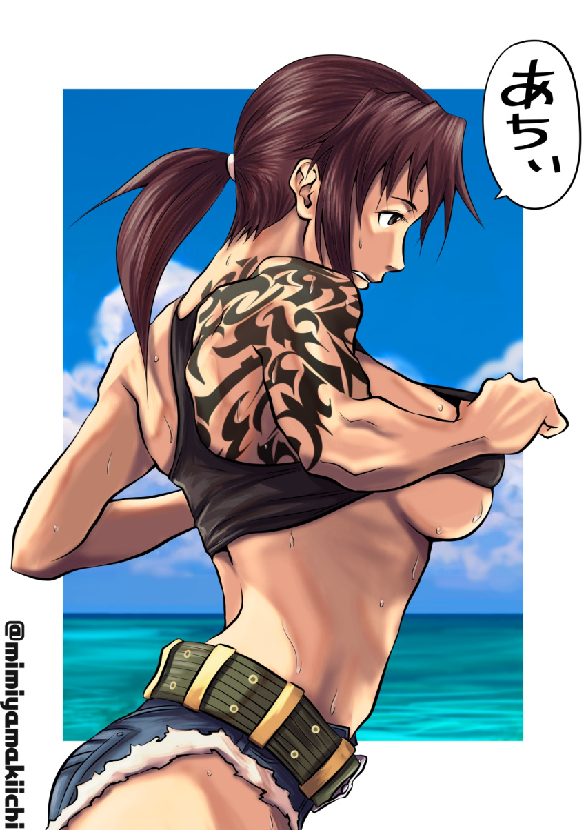 athletic athletic_female black_lagoon breasts brown_hair busty female female_focus female_only fit fit_female hourglass_figure long_hair medium_breasts mimiyama_kiichi pinup pinup_pose ponytail revy tagme tattoo wide_hips