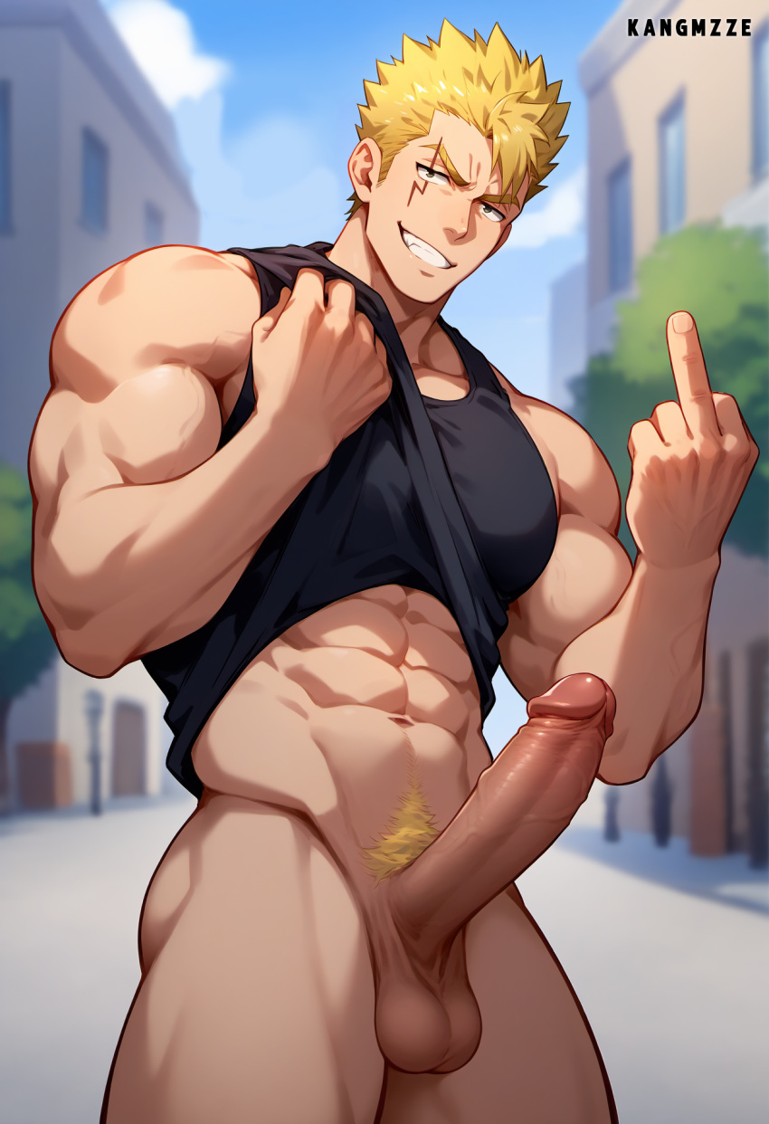 1boy abs ai_generated balls bara biceps big_balls big_penis blonde_hair bottomless cocky erection fairy_tail flipping_off flipping_viewer_off kangmzze laxus_dreyar looking_at_viewer male male_nipples male_only male_pubic_hair muscular muscular_arms muscular_chest muscular_male muscular_thighs naughty_face nipples pecs penis pov pov_eye_contact pubic_hair shirt_lift smile smiling_at_viewer smirk smirking_at_viewer smug solo solo_male standing tank_top tank_top_lift testicles