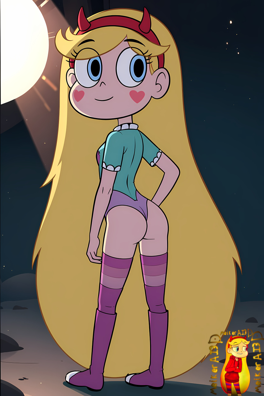 1girl ai_generated ass blonde_hair blue_eyes boots disney fake_horns female_focus flat_chest forest long_hair meikerai3d_(ai_generator) night night_sky panties star_butterfly star_vs_the_forces_of_evil