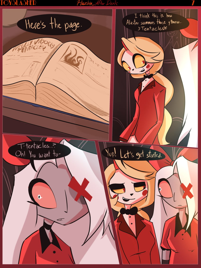 2girls book charlie_morningstar_(hazbin_hotel) clothed_female demon demon_girl hazbin_hotel long_hair long_hair_female page_7 page_number tentacle toyslasher vaggie_(hazbin_hotel) yuri