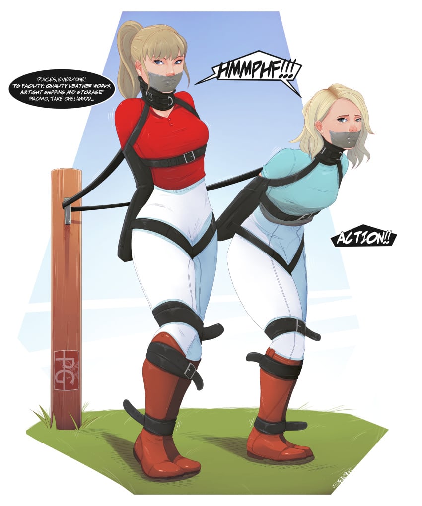 2girls arms_behind_back bondage bound celebrity chained clothed gag gagged jodhpurs kristen_bell pgratedslasher restrained restrained_arms restrained_legs taylor_swift text