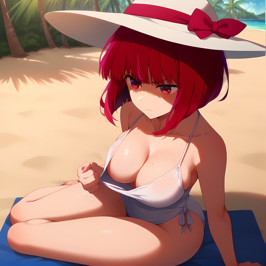 ai_generated arima_kana beach breasts_out clothes_pull dress ex_ex oshi_no_ko outdoors upset