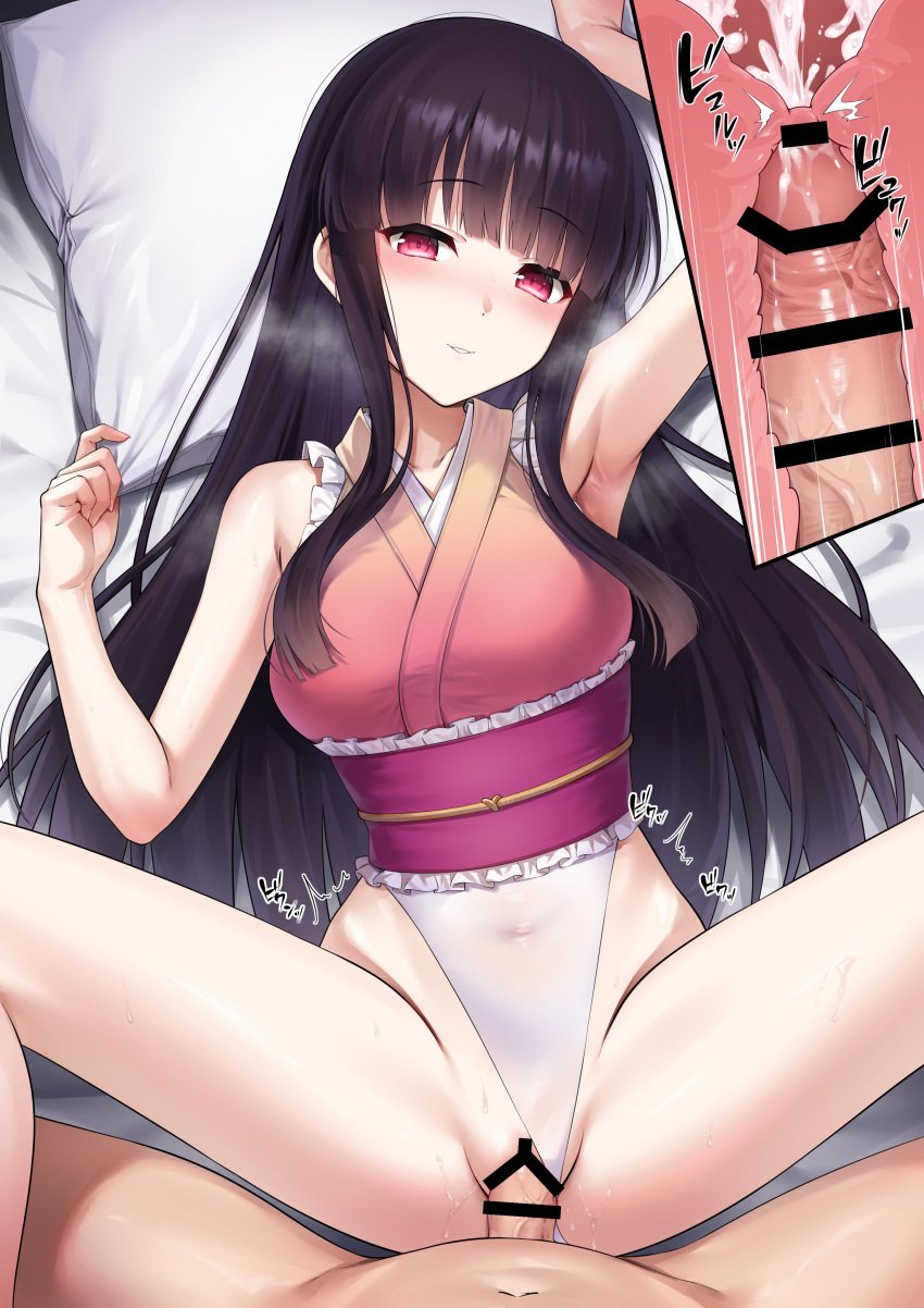 1boy absurdres bar_censor bed black_hair blunt_bangs censored cervix closed_mouth clothed_female_nude_male clothed_sex commentary_request commission cross_section cum cum_in_pussy cum_in_uterus ejaculation female henria highres houraisan_kaguya japanese_clothes kaguya_houraisan kimono long_hair looking_at_viewer lying nude on_back on_bed orange_kimono penis pillow pillow_grab pov pov_crotch pussy red_eyes skeb_commission sleeveless sleeveless_kimono touhou touhou_tag_dream vaginal_penetration x-ray