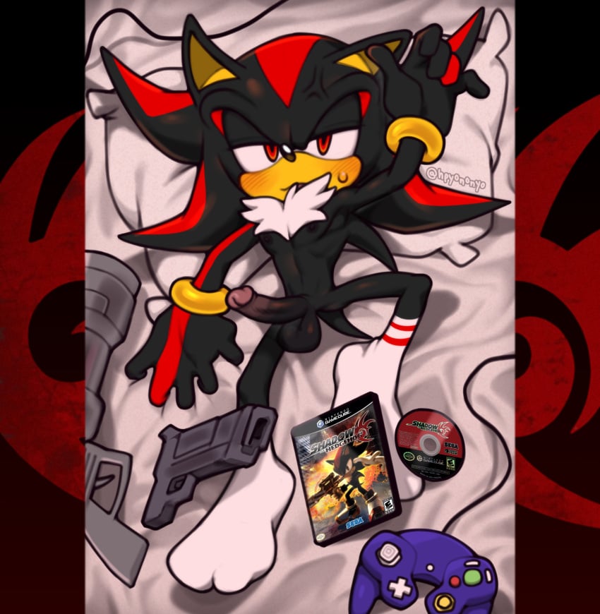 absurd_res anthro anthro_male anthro_only athletic balls bed_sheet bedding black_body black_fur black_nose black_penis blush bodily_fluids body_pillow bodypillow chest_tuft clothing color colored controller cross-popping_vein dakimakura dakimakura_design digital_drawing_(artwork) digital_media_(artwork) disk erect_nipples erection eulipotyphlan footwear footwear_only fur game_controller gamecube gamecube_controller genitals grabbing_sheets gun half-closed_eyes hedgehog hi_res high-angle_view hpyononyo humanoid_genitalia laying_down laying_on_bed looking_at_viewer lying male male_only mammal mostly_nude multicolored_body narrowed_eyes nintendo nintendo_controller nipples on_back penis pillow ranged_weapon red_body red_eyes rocket_launcher sega shadow_the_hedgehog shadow_the_hedgehog_(video_game) socks socks_only solo solo_anthro solo_male sonic_(series) sonic_the_hedgehog_(series) submissive submissive_male sweat sweatdrop tail tan_body tan_skin tuft twitter_link weapon white_body white_clothing white_footwear white_fur white_socks