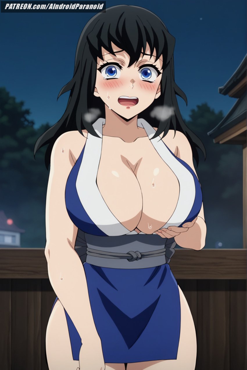 ai_generated aindroidparanoid bare_shoulders big_breasts black_hair blue_eyes blue_hair blush breasts cleavage curvy curvy_figure demon_slayer gigantic_breasts grabbing_own_breast hips huge_breasts inminent_sex japanese_clothes japanese_clothing kimetsu_no_yaiba large_breasts massive_breasts narrow_waist nervous night outdoors short_hair squeezing_breast stable_diffusion suma_(kimetsu_no_yaiba) sweat sweatdrop voluptuous voluptuous_female wavy_hair wide_hips