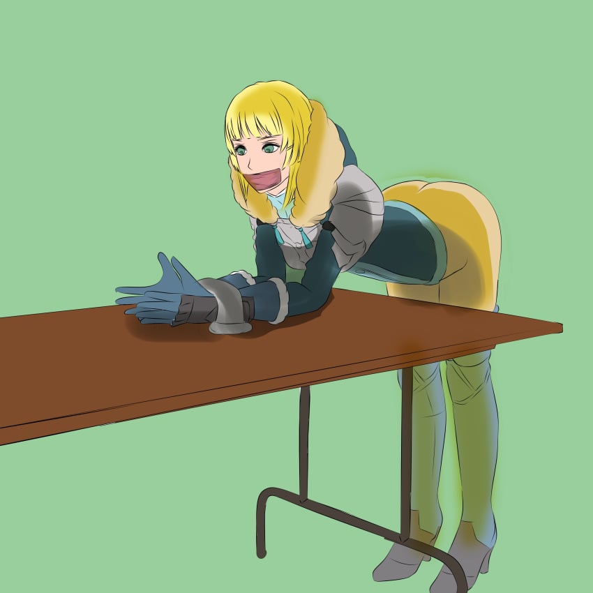 1girls alternate_costume alternate_hairstyle ass bangs bent_over bent_over_table big_ass blonde_hair bondage boots bound bound_wrists breasts female female_only femsub fire_emblem fire_emblem:_three_houses fire_emblem_warriors:_three_hopes gag gloves green_background green_eyes high_heels indoors ingrid_brandl_galatea medium_hair mogobdsm nintendo official_alternate_costume official_alternate_hairstyle restrained short_hair small_breasts solo standing table tape_gag thigh_boots yellow_hair