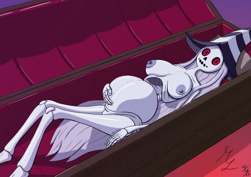 big_breasts big_nipples bone coffin doll female glowing_eyes gore grey-skinned_female grey_hair humanoid karaka_(merafume) meandering_lines merafume nipples non-human nude pale_skin pregnant pregnant_belly red_eyes ribcage ribs skeleton skeleton_girl witch witch_hat