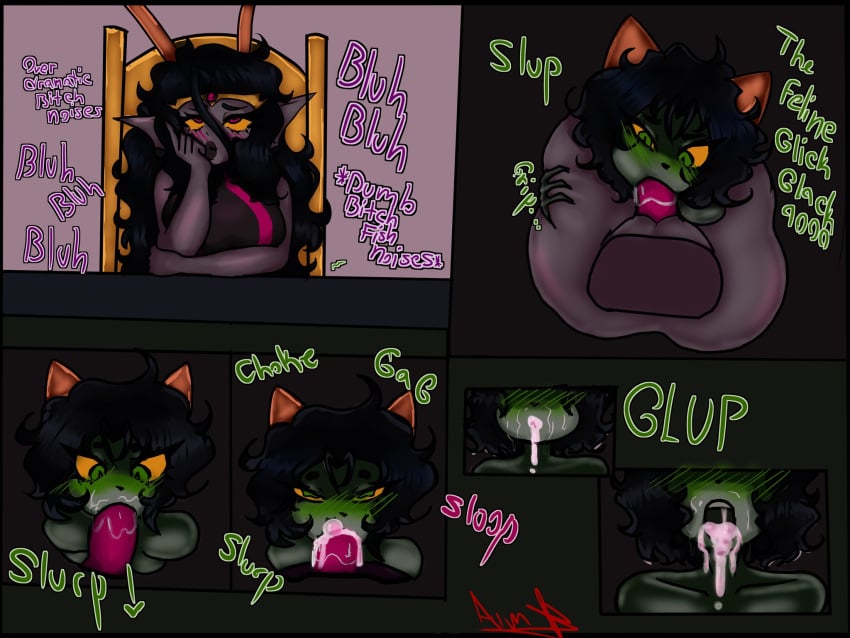 2girls aimless alien alien_genitalia alien_humanoid alien_penis black_hair black_hair_female blowjob cat_tail clothed clothed_female color colored colored_skin cum cum_in_mouth dialogue female female_focus female_only full_color futanari grey_skin homestuck homestuck_troll horn horns humanoid intersex nepeta_leijon nude nude_female nudity oral public speech tentabulge tentacle text trizza_tethis troll under_the_table yuri