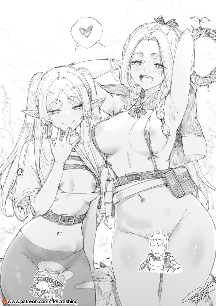 2girls armpits arms_behind_head arms_up bangs barely_clothed belt big_breasts bikini black_and_white blush bottomless braided_hair censored censored_pussy cloak crossover curvy dungeon_meshi fkscrashing frieren hand_to_own_mouth long_hair marcille_donato micro_bikini monochrome nipple_slip nipples nipples_visible_through_clothing open_clothes open_mouth pointy_ears ponytail pubic_hair_peek pussy_window revealing_clothes ripped_clothing ripped_pantyhose shiny_skin sidelocks slim_waist slutty_outfit small_breasts smirk sousou_no_frieren teasing thick_thighs twintails