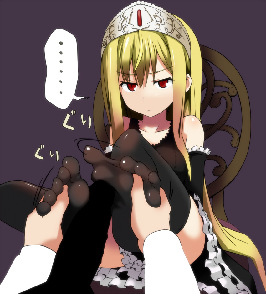 atahuta bare_shoulders black_legwear blonde_hair censored clothing dress elbow_gloves error feet feet_massage female footjob gloves hands_on_feet hime_(kaibutsu_oujo) kaibutsu_oujo long_hair no_shoes penis red_eyes soles spread_toes stockings thighhighs toes young