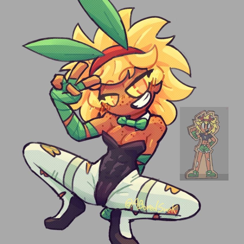 aboredsnek abs arm_wraps blonde_hair breasts bunny_ears bunnysuit freckles legs_spread looking_at_viewer peace_sign plants_vs_zombies plants_vs_zombies:_heroes ripped_leggings short_hair smiling_at_viewer solar_flare_(peargor) solar_flare_(pvz) tan_body yellow_eyes