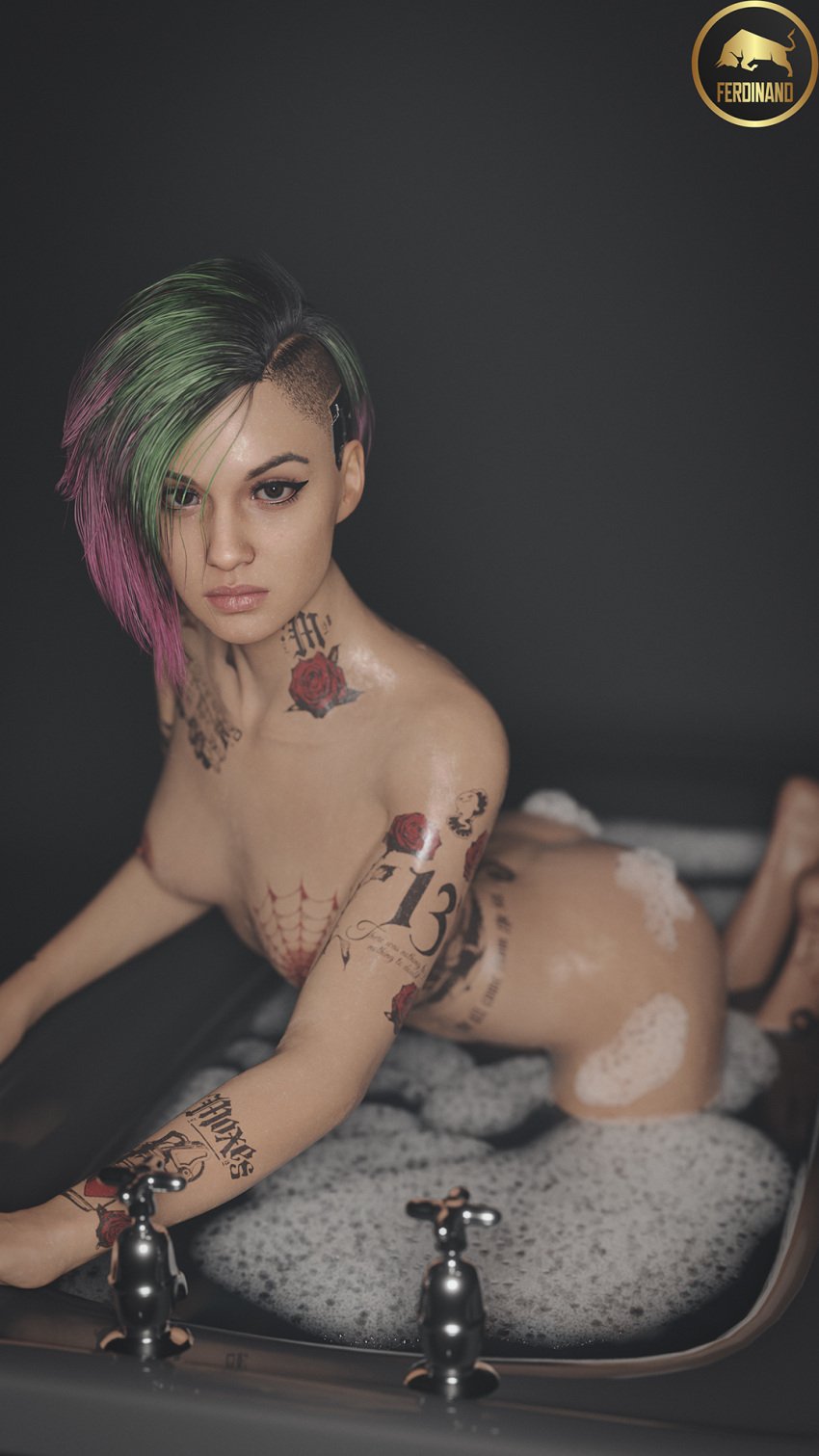 1girls 2023 3d ankle_tattoo arm_tattoo asymmetrical_hair bathing bathtub breast_tattoo breasts brown_eyes bubble_bath chest_tattoo completely_nude completely_nude_female cyberpunk_2077 dark_room eyeliner feet_up female female_only ferdinand_(artist) foam forearm_tattoo girl green_and_purple_hair hands_out_of_frame judy_alvarez kneeling kneeling_in_water lipstick looking_at_viewer medium_breasts neck_tattoo no_visible_genitalia nude nude_female partially_submerged realistic realistic_textures serious serious_look shaved_side short_hair side_tattoo side_view simple_background soap_bubbles soapy_butt solo tattoos_everywhere wet wet_body