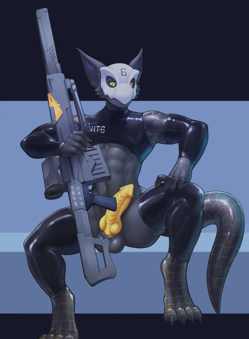 2023 abs absurd_res aidennguyen17 anthro balls barazoku biceps big_balls big_gun big_penis black_body clothing genitals glans gun hi_res holding_gun holding_object holding_ranged_weapon holding_weapon knot knotted_penis latex latex_clothing looking_at_viewer male mask mostly_nude_anthro mostly_nude_male muscular muscular_anthro muscular_male pecs penis ranged_weapon reptilian_penis skull_mask solo weapon yellow_eyes yellow_penis