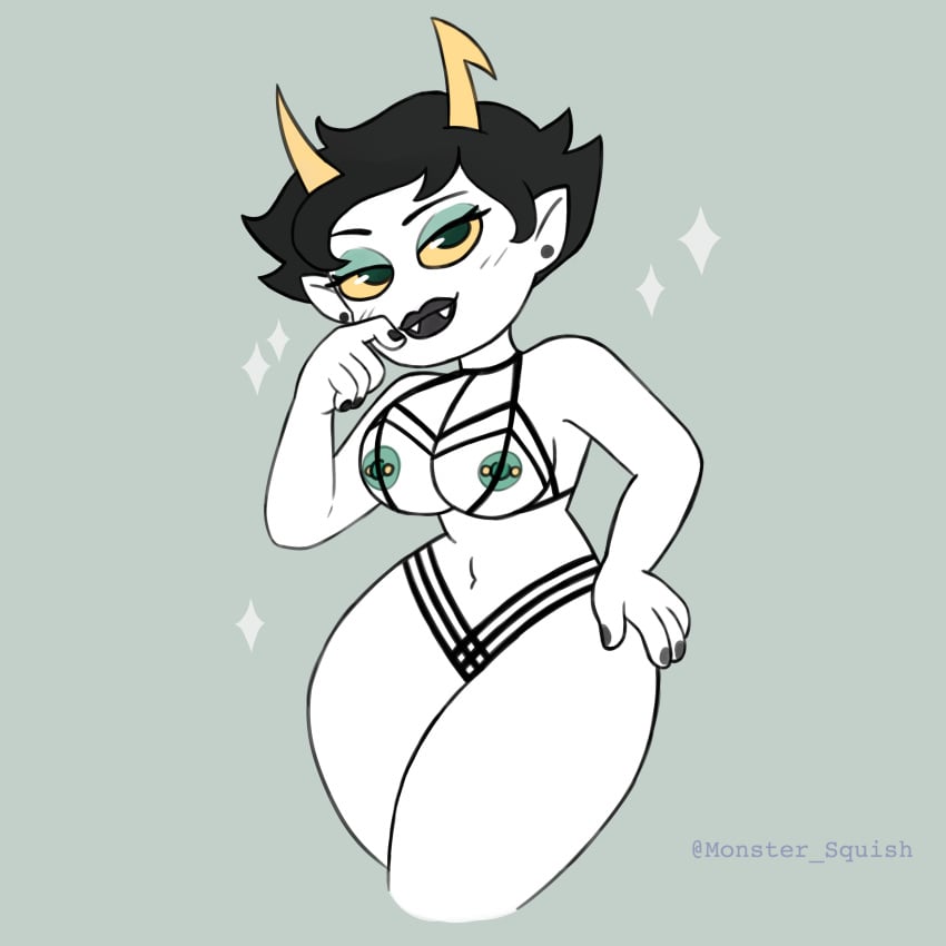 alien alien_humanoid black_lipstick color colored colored_nails ear_piercing earrings fangs homestuck homestuck_troll horn horns humanoid jojrno kanaya_maryam lingerie lipstick looking_at_viewer makeup monster_squish no_shading painted_nails troll underwear vampire