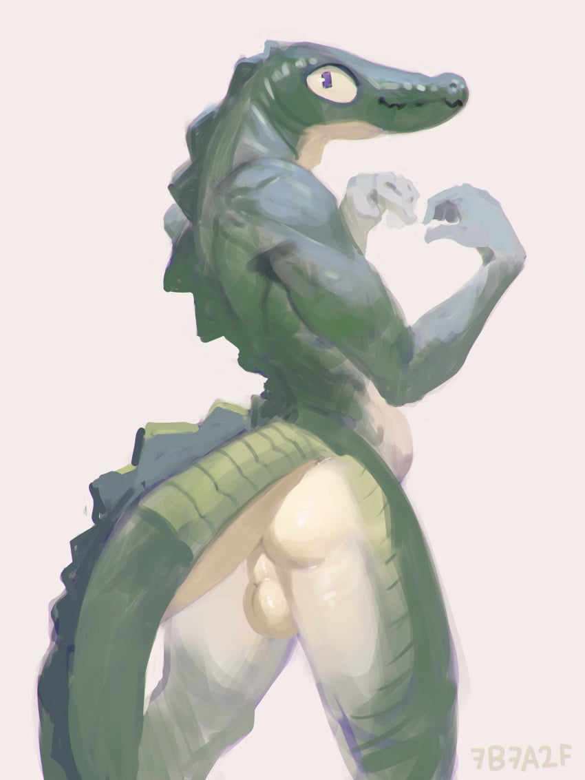 3:4 7b7a2f absurd_res anthro ass backsack balls crocodilian genitals green_body green_scales hi_res looking_at_viewer looking_back male perineum rear_view reptile scales scalie simple_background solo